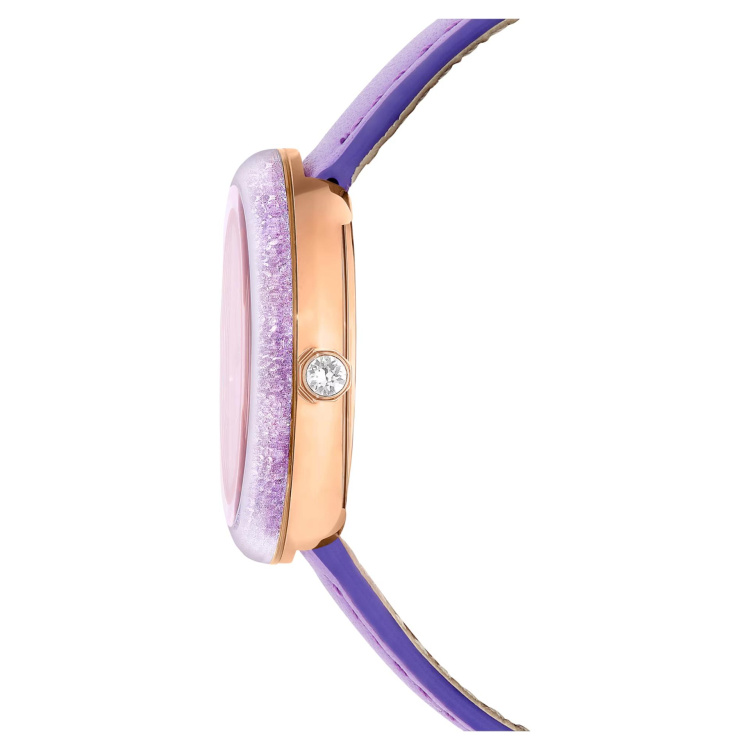Crystalline lustre watch Swiss Made, Leather strap, Purple, Rose gold-tone finish